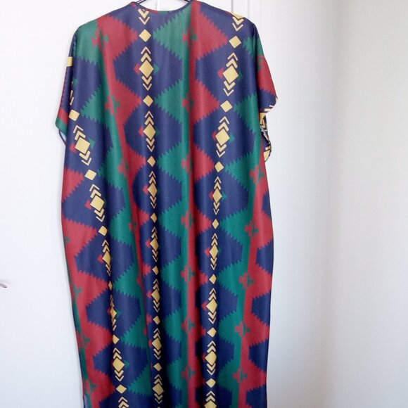 Vintage 70's Maxi Caftan Boho Hippie Geometric Green Yellow Red Blue - Picture 3 of 3